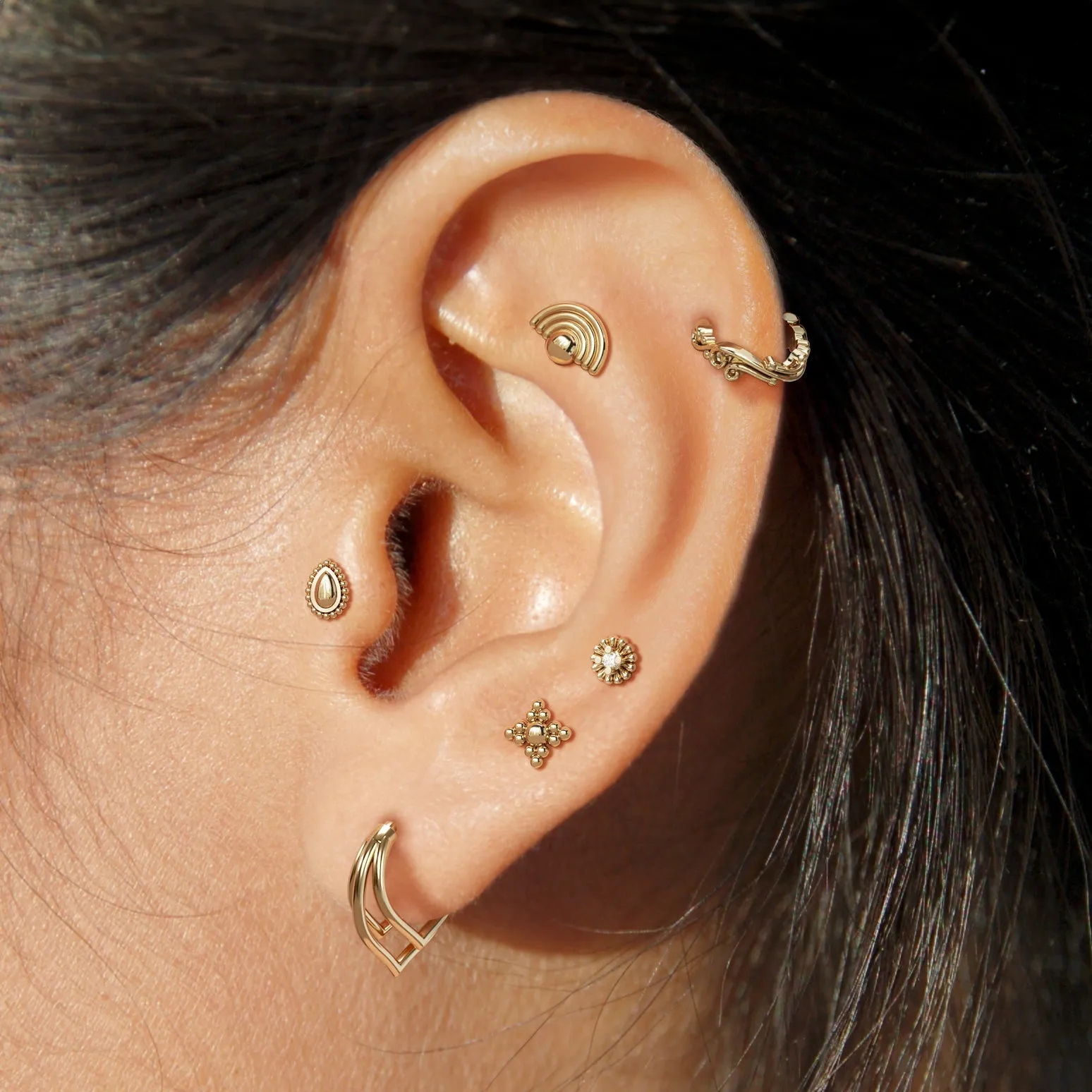14K Gold Beaded Teardrop Stud