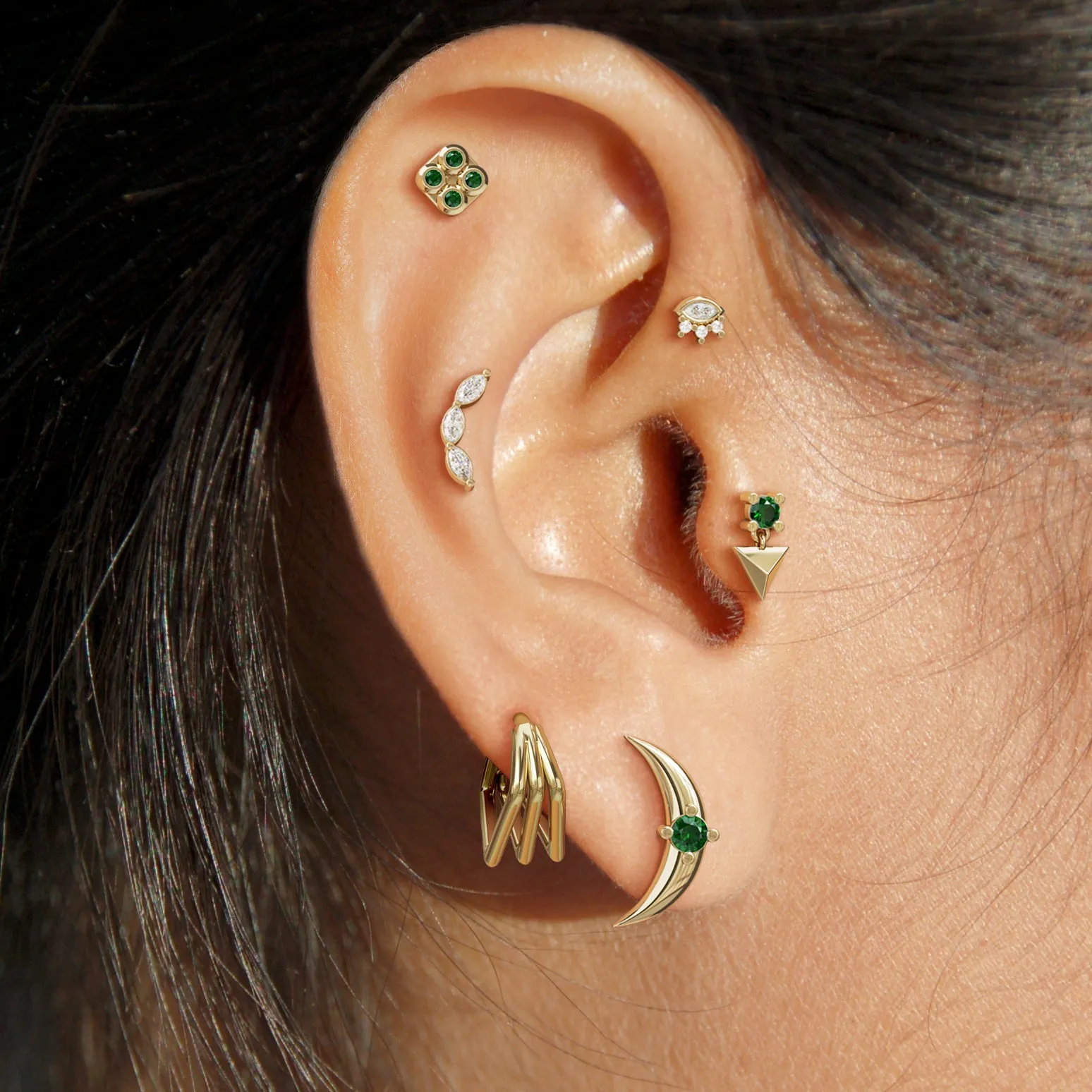 14K Gold Emerald Pyramid Dangle Stud