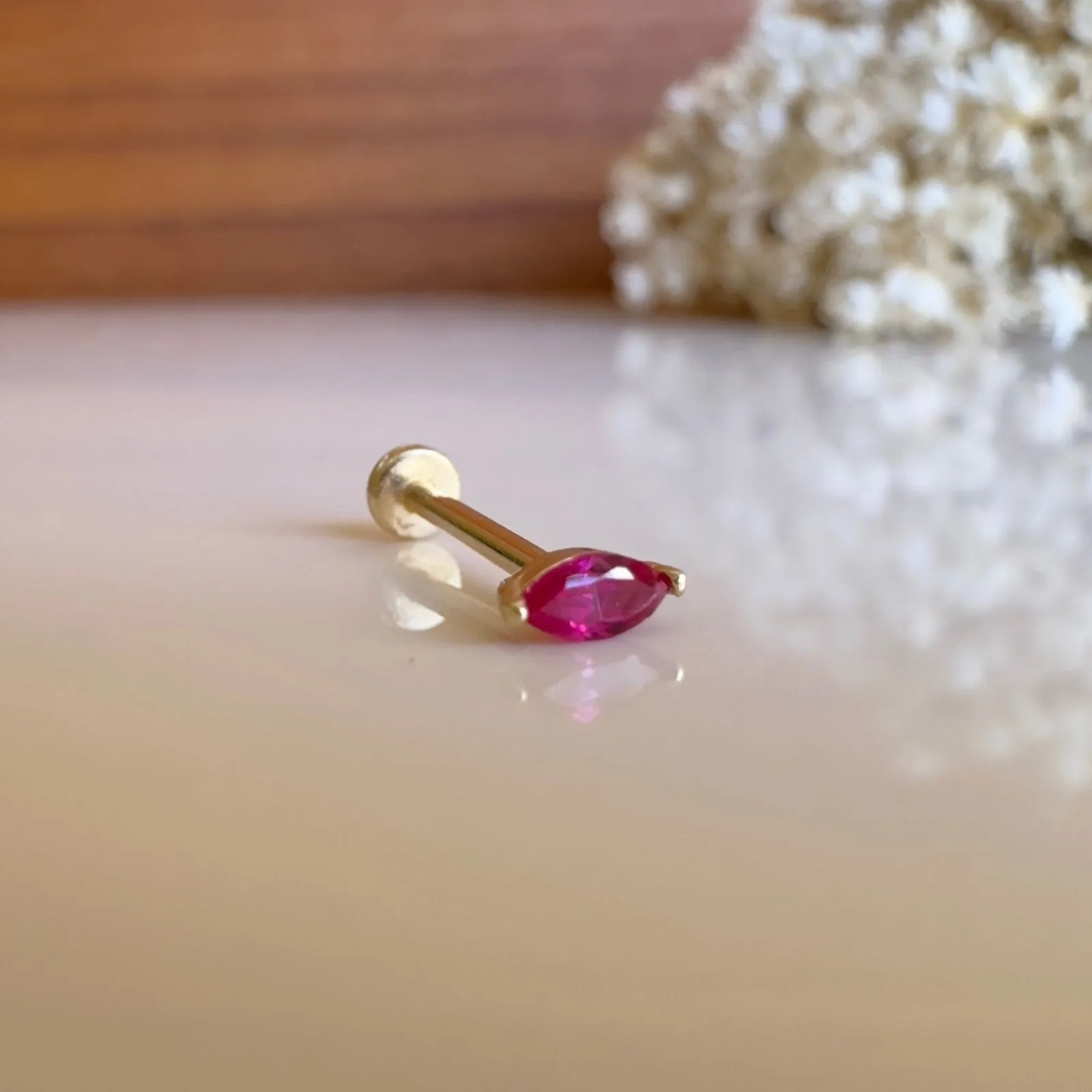 Stunning 14K Gold Marquise Ruby Helix Tragus Flat Back Earring with Internally Threaded Labret Stud