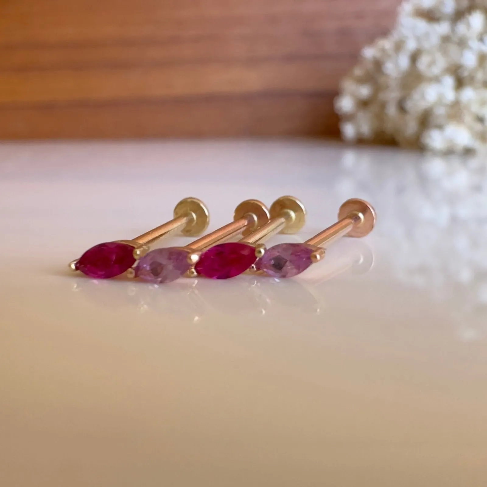 Stunning 14K Gold Marquise Ruby Helix Tragus Flat Back Earring with Internally Threaded Labret Stud