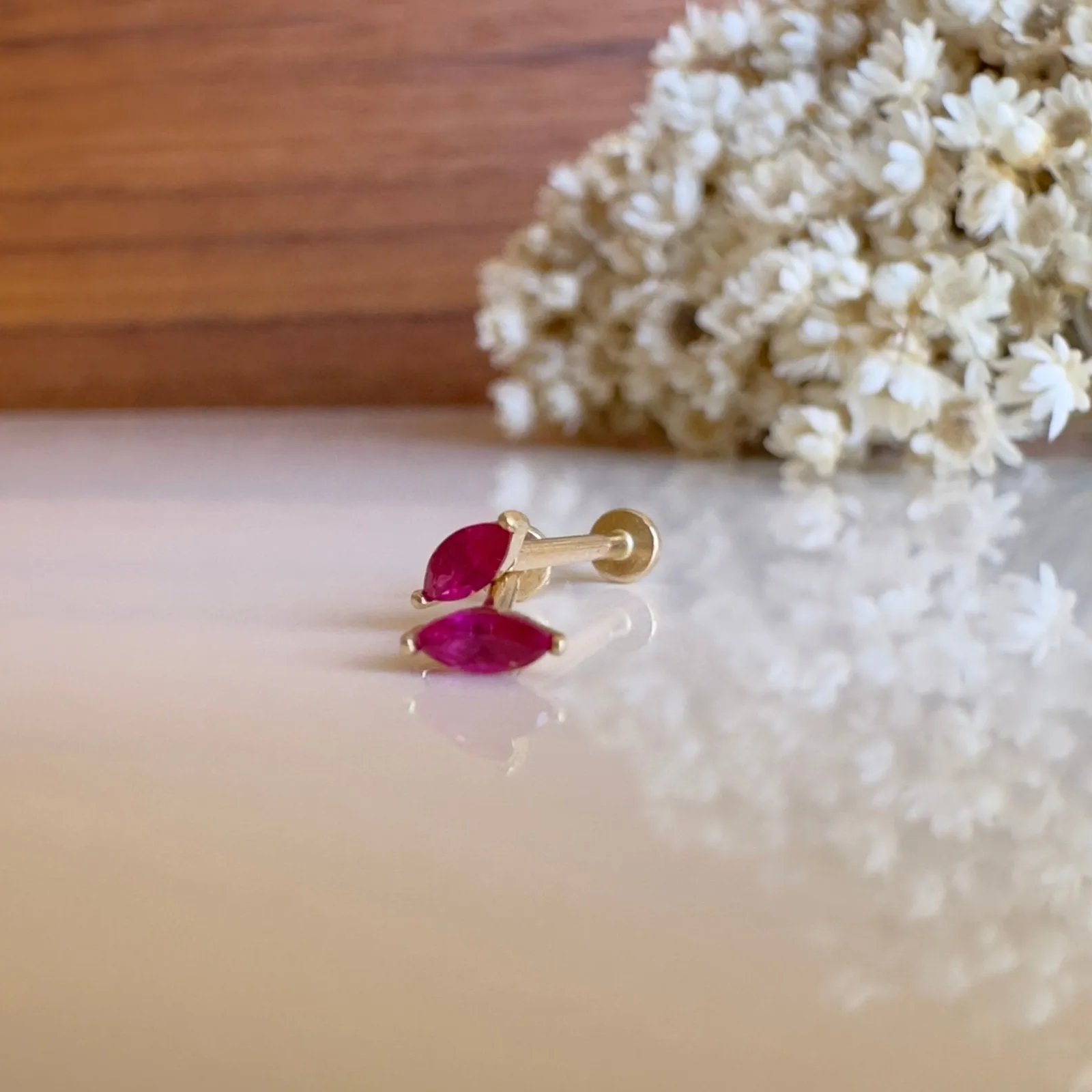Stunning 14K Gold Marquise Ruby Helix Tragus Flat Back Earring with Internally Threaded Labret Stud
