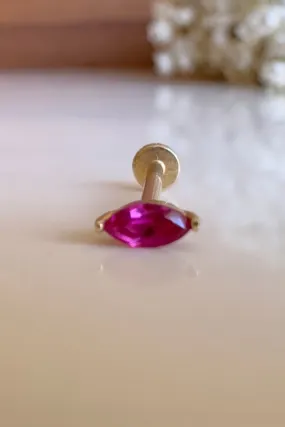 Stunning 14K Gold Marquise Ruby Helix Tragus Flat Back Earring with Internally Threaded Labret Stud