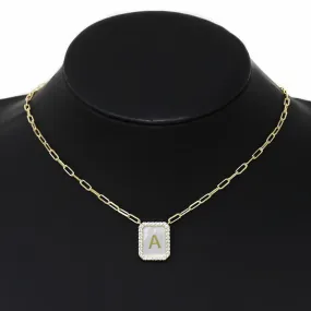 A Initial CZ Pave Shell Plate Pendant Short Necklace