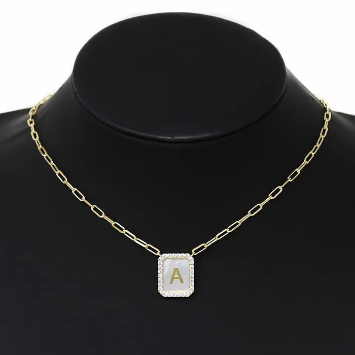 A Initial CZ Pave Shell Plate Pendant Short Necklace