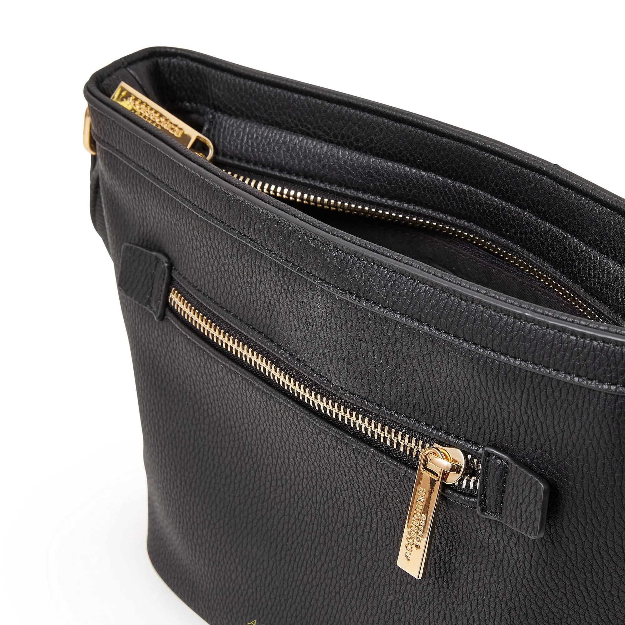 Accessorize London Women's Faux Leather Black Top Zip Sling Bag