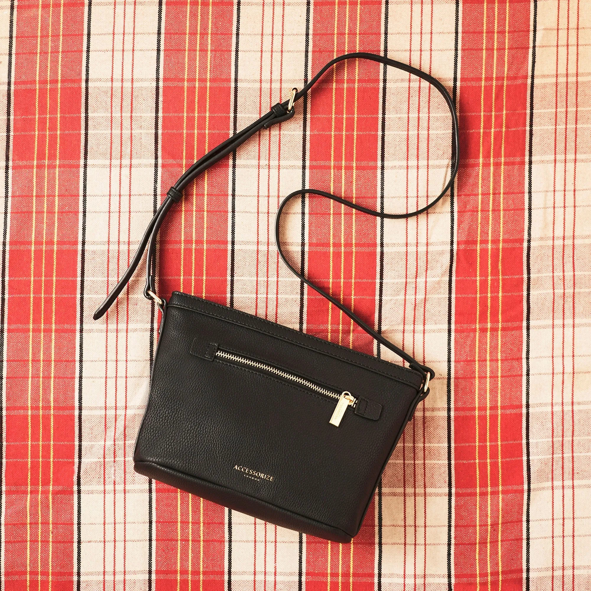 Accessorize London Women's Faux Leather Black Top Zip Sling Bag