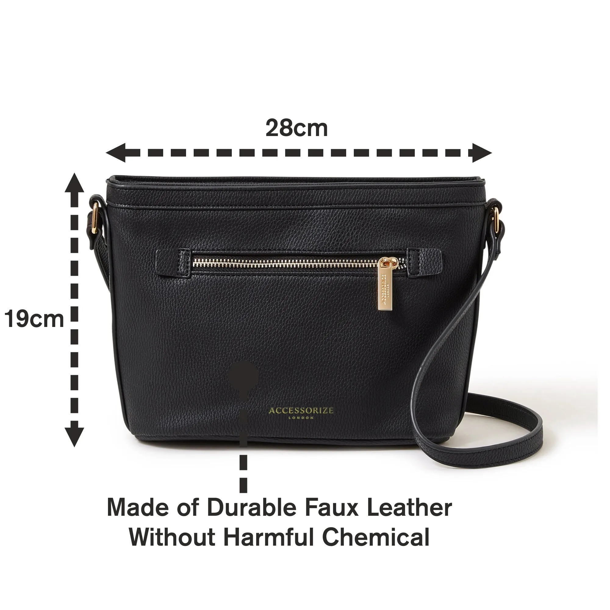 Accessorize London Women's Faux Leather Black Top Zip Sling Bag
