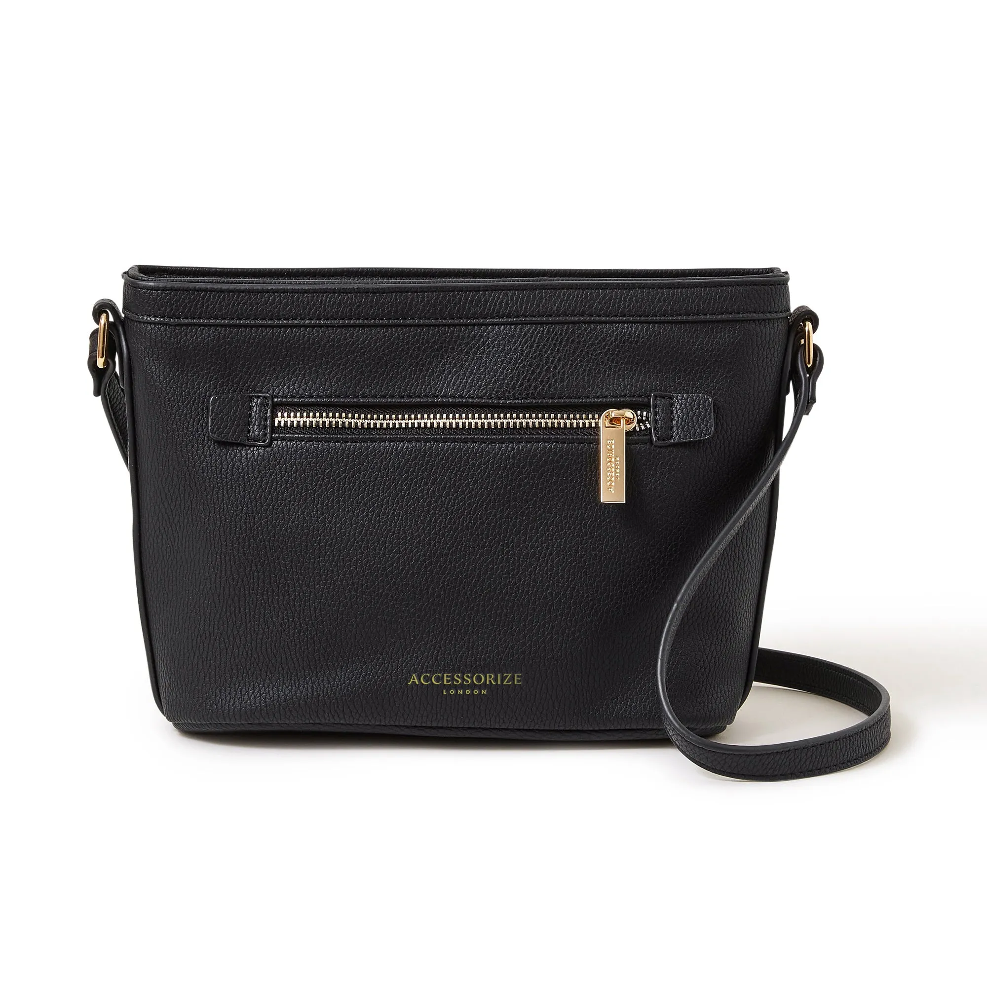 Accessorize London Women's Faux Leather Black Top Zip Sling Bag