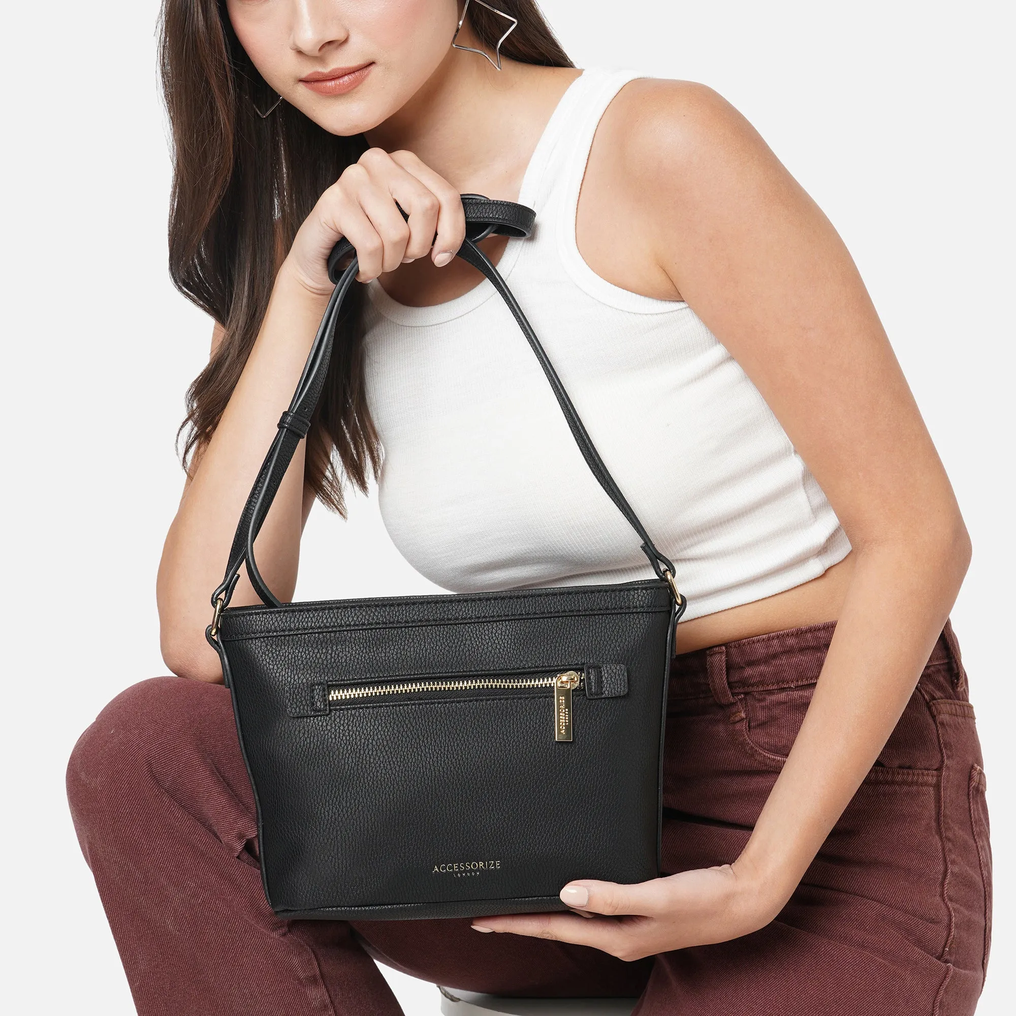 Accessorize London Women's Faux Leather Black Top Zip Sling Bag