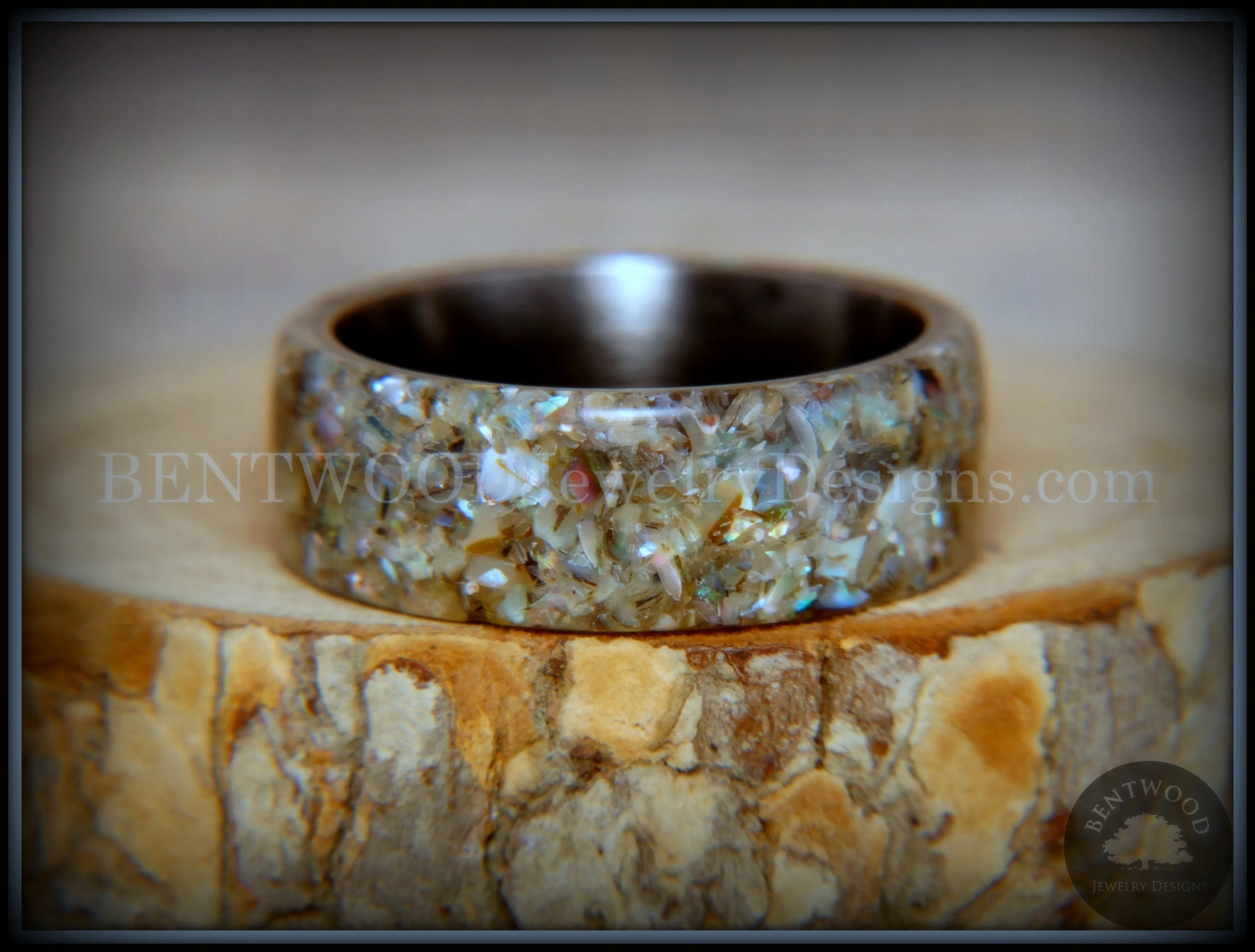 Bentwood Ring - Abalone Paua Abolone Shell on Surgical Grade Onyx Black Stainless Steel Comfort Fit Core