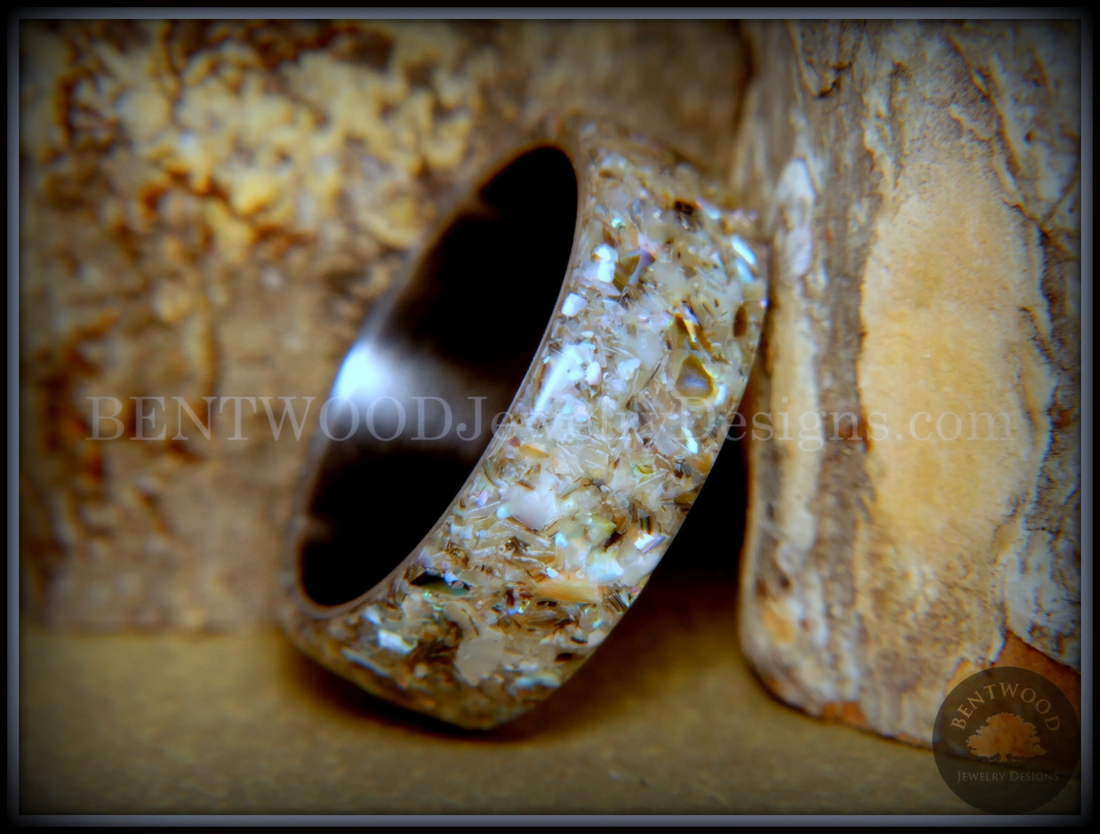 Bentwood Ring - Abalone Paua Abolone Shell on Surgical Grade Onyx Black Stainless Steel Comfort Fit Core