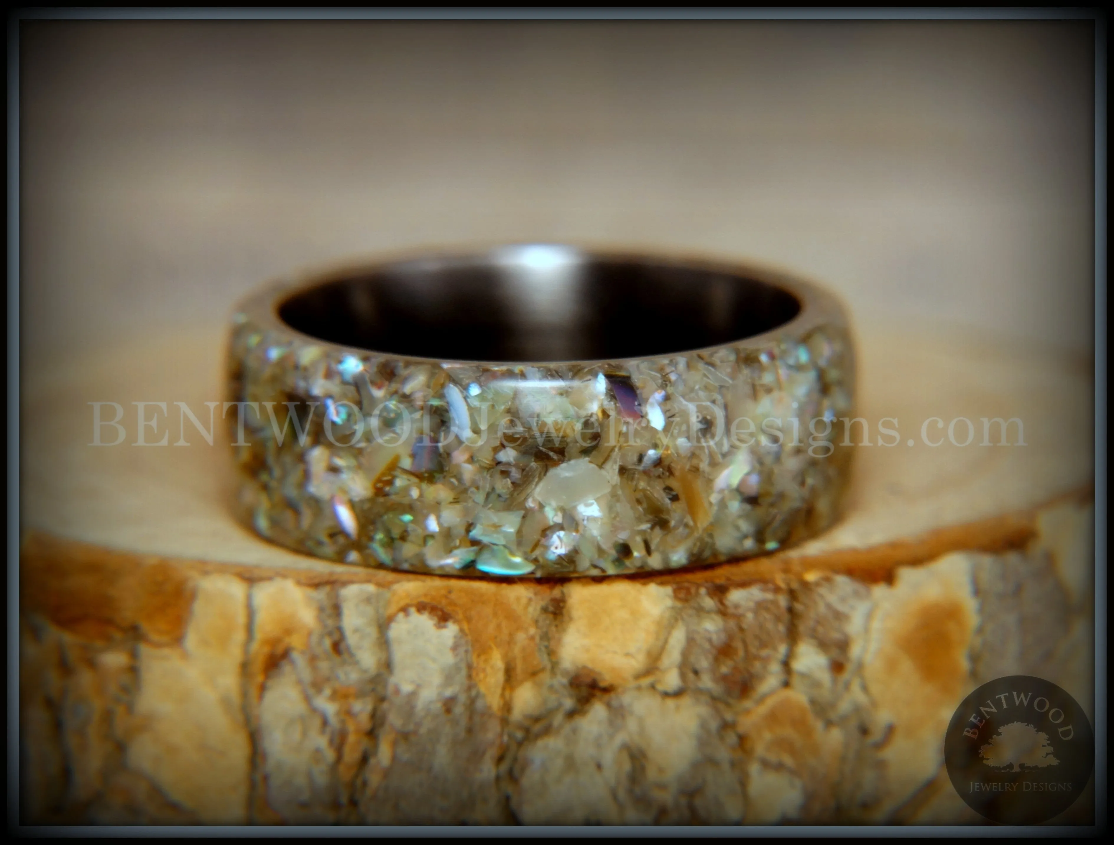 Bentwood Ring - Abalone Paua Abolone Shell on Surgical Grade Onyx Black Stainless Steel Comfort Fit Core