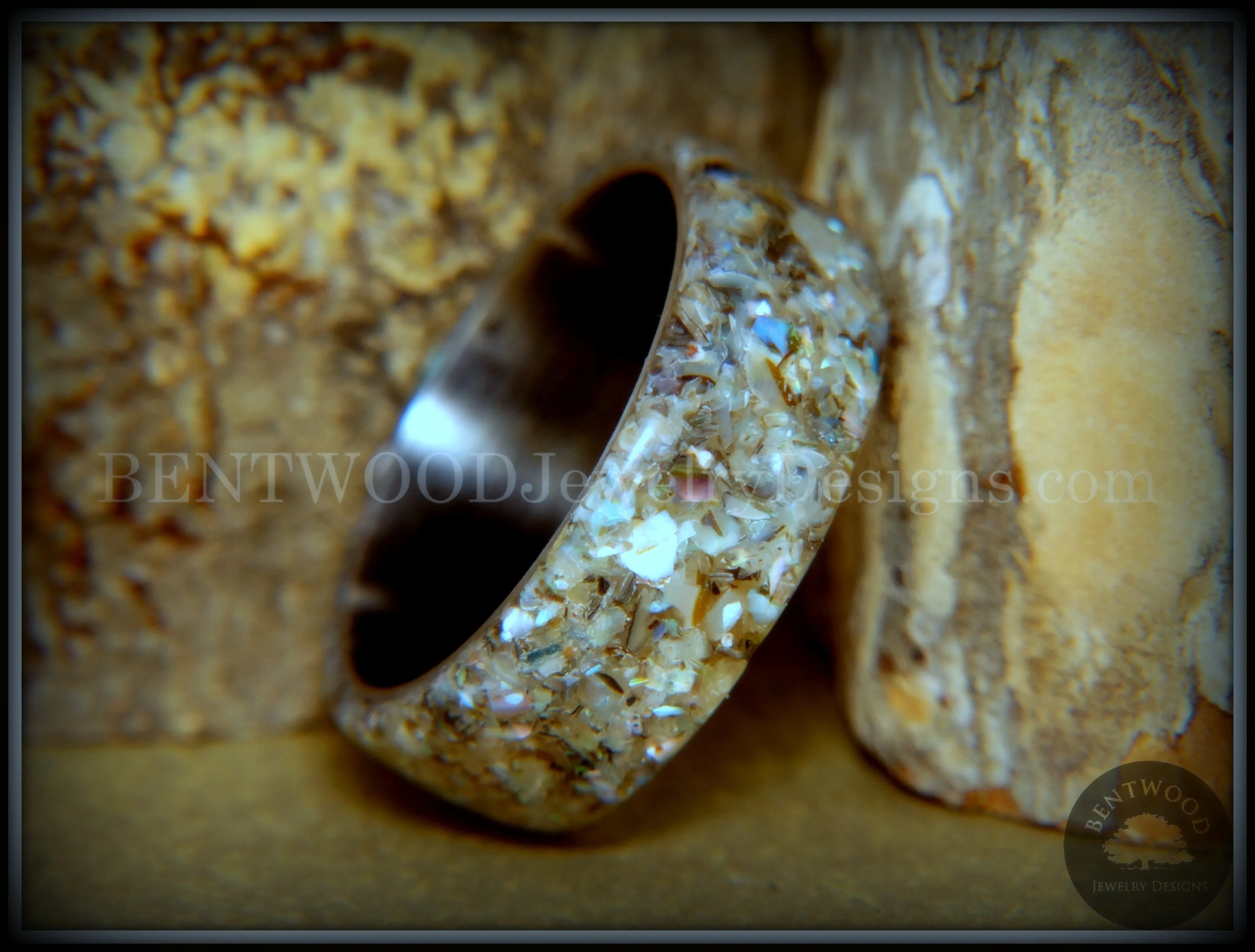 Bentwood Ring - Abalone Paua Abolone Shell on Surgical Grade Onyx Black Stainless Steel Comfort Fit Core