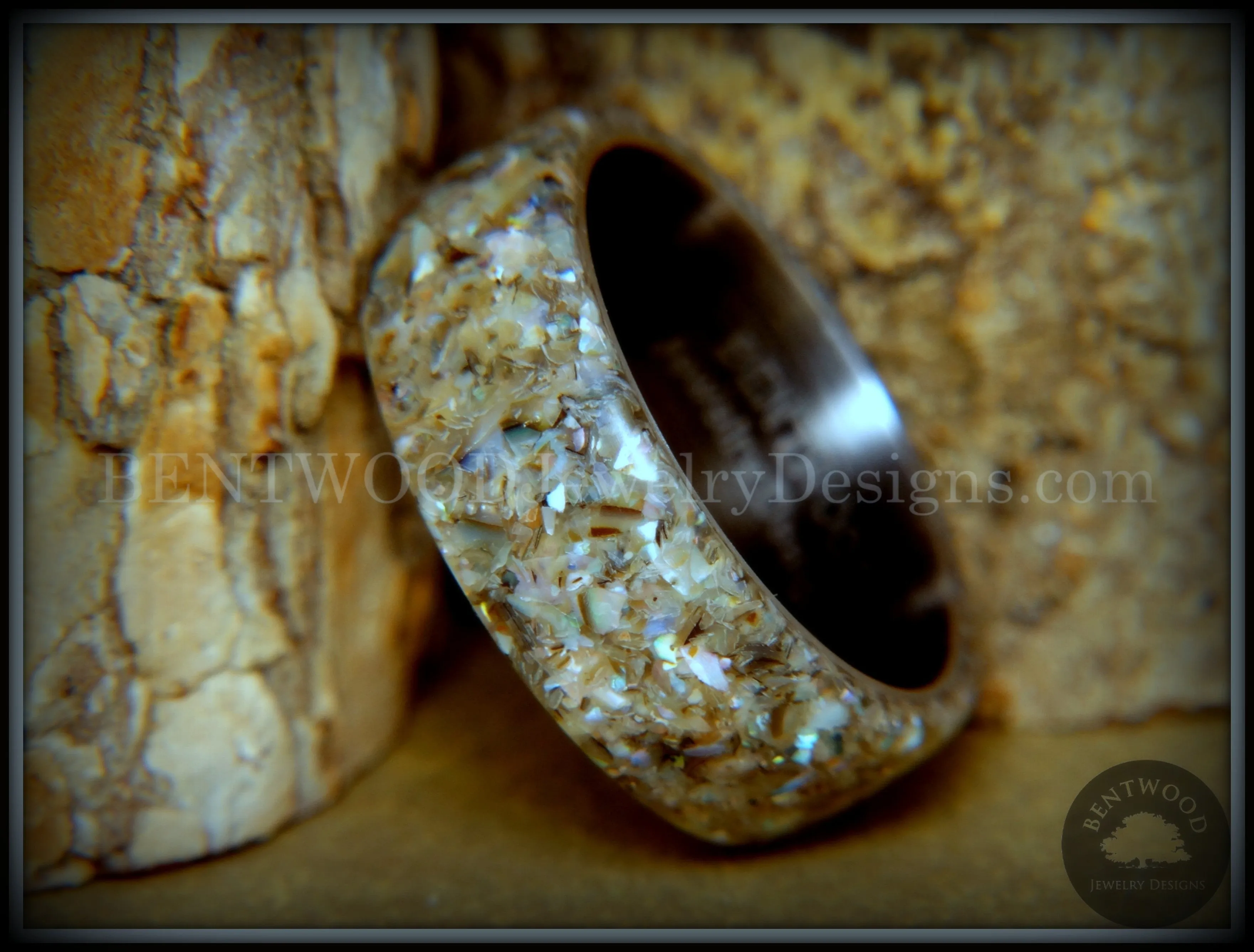Bentwood Ring - Abalone Paua Abolone Shell on Surgical Grade Onyx Black Stainless Steel Comfort Fit Core