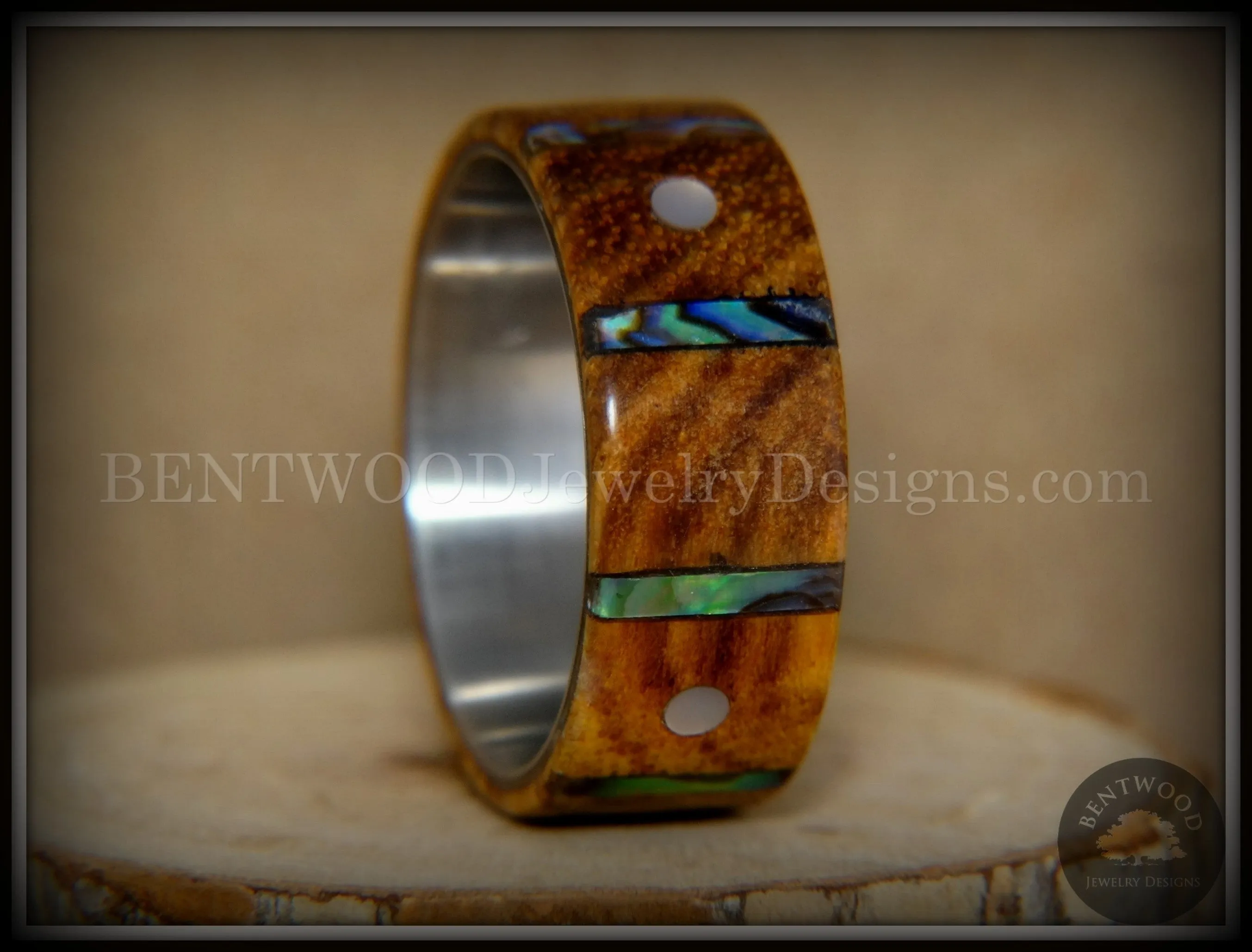 Bentwood Ring - Frets Zebrawood on Titanium Core with Guitar Fret Inlay using Paua Shell and Mother of Pearl Inlay