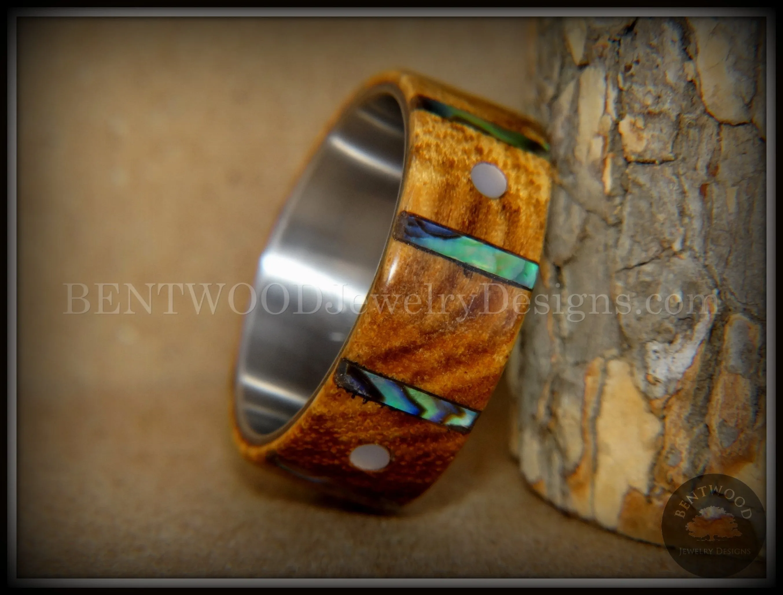 Bentwood Ring - Frets Zebrawood on Titanium Core with Guitar Fret Inlay using Paua Shell and Mother of Pearl Inlay