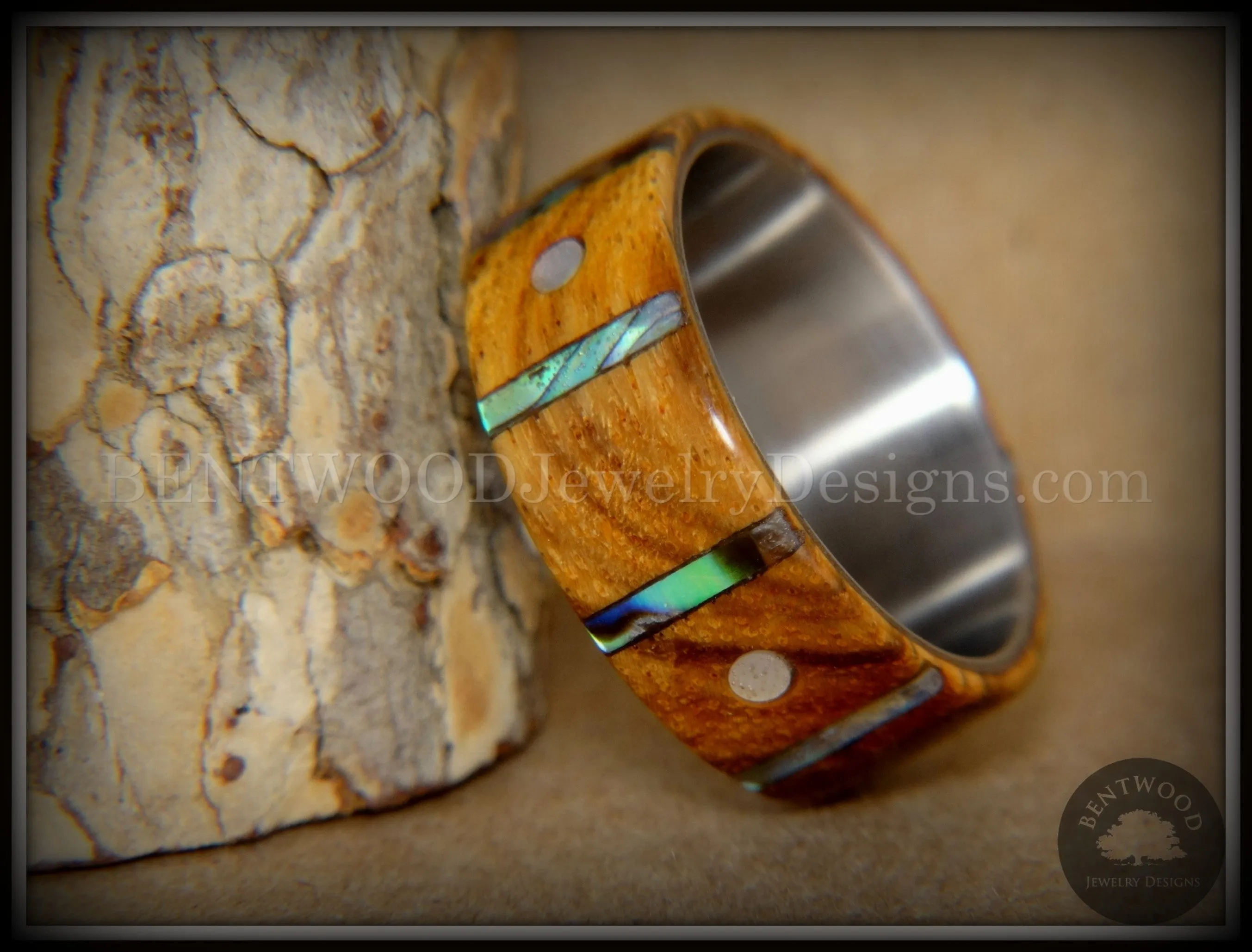 Bentwood Ring - Frets Zebrawood on Titanium Core with Guitar Fret Inlay using Paua Shell and Mother of Pearl Inlay