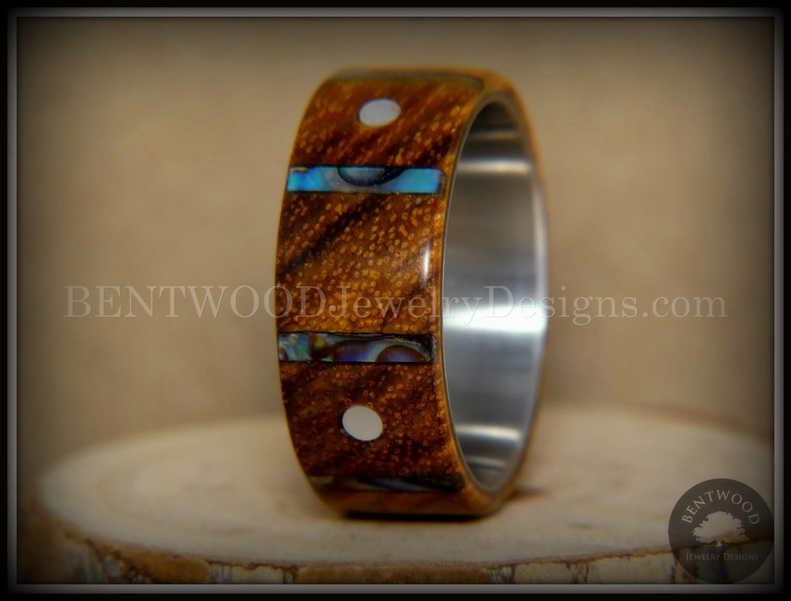 Bentwood Ring - Frets Zebrawood on Titanium Core with Guitar Fret Inlay using Paua Shell and Mother of Pearl Inlay