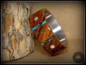 Bentwood Ring - Frets Zebrawood on Titanium Core with Guitar Fret Inlay using Paua Shell and Mother of Pearl Inlay