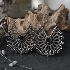 Black Shell Mandala Hoops - Silver