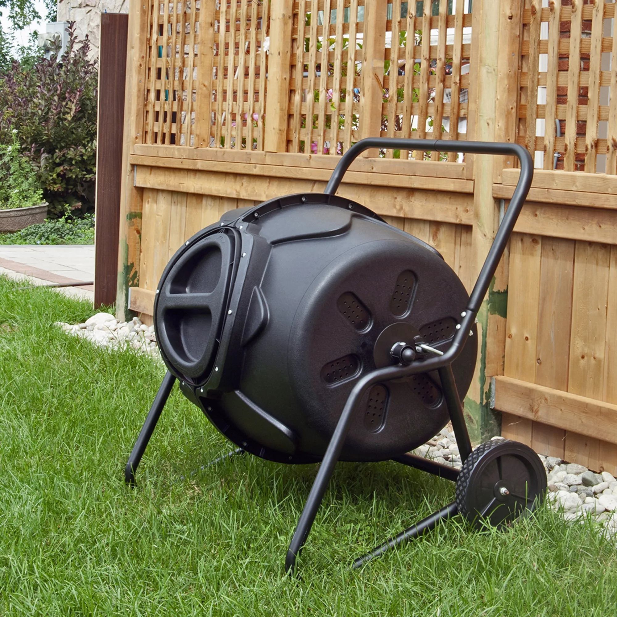 Koolscapes Wheeled Tumbling Composter 50 Gal (169L) Rotating Outdoor Compost Bin with Twist-Lock Lid, Recycled Plastic Tumbler with Steel Frame and Wheels for Backyard and Vegetable Garden