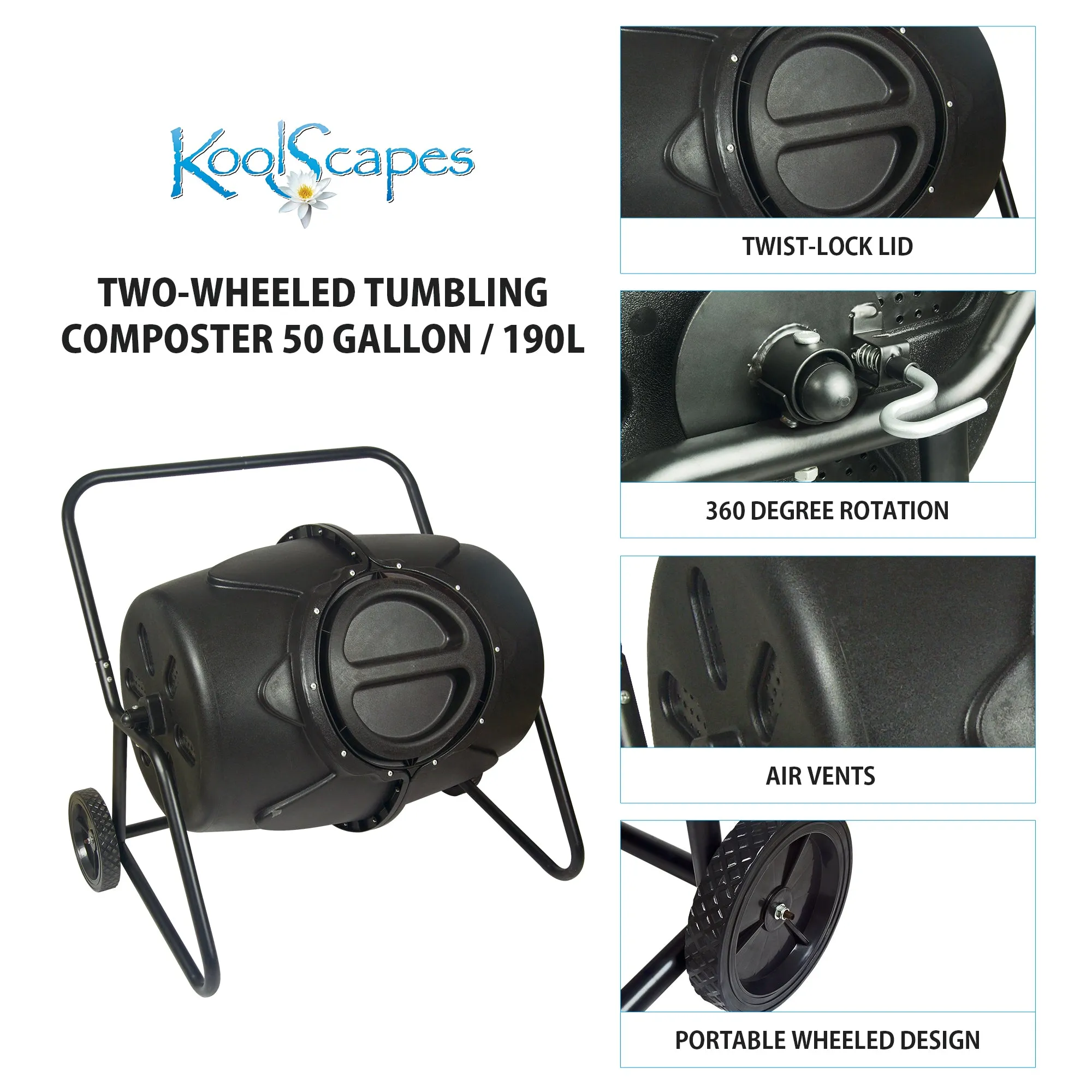 Koolscapes Wheeled Tumbling Composter 50 Gal (169L) Rotating Outdoor Compost Bin with Twist-Lock Lid, Recycled Plastic Tumbler with Steel Frame and Wheels for Backyard and Vegetable Garden