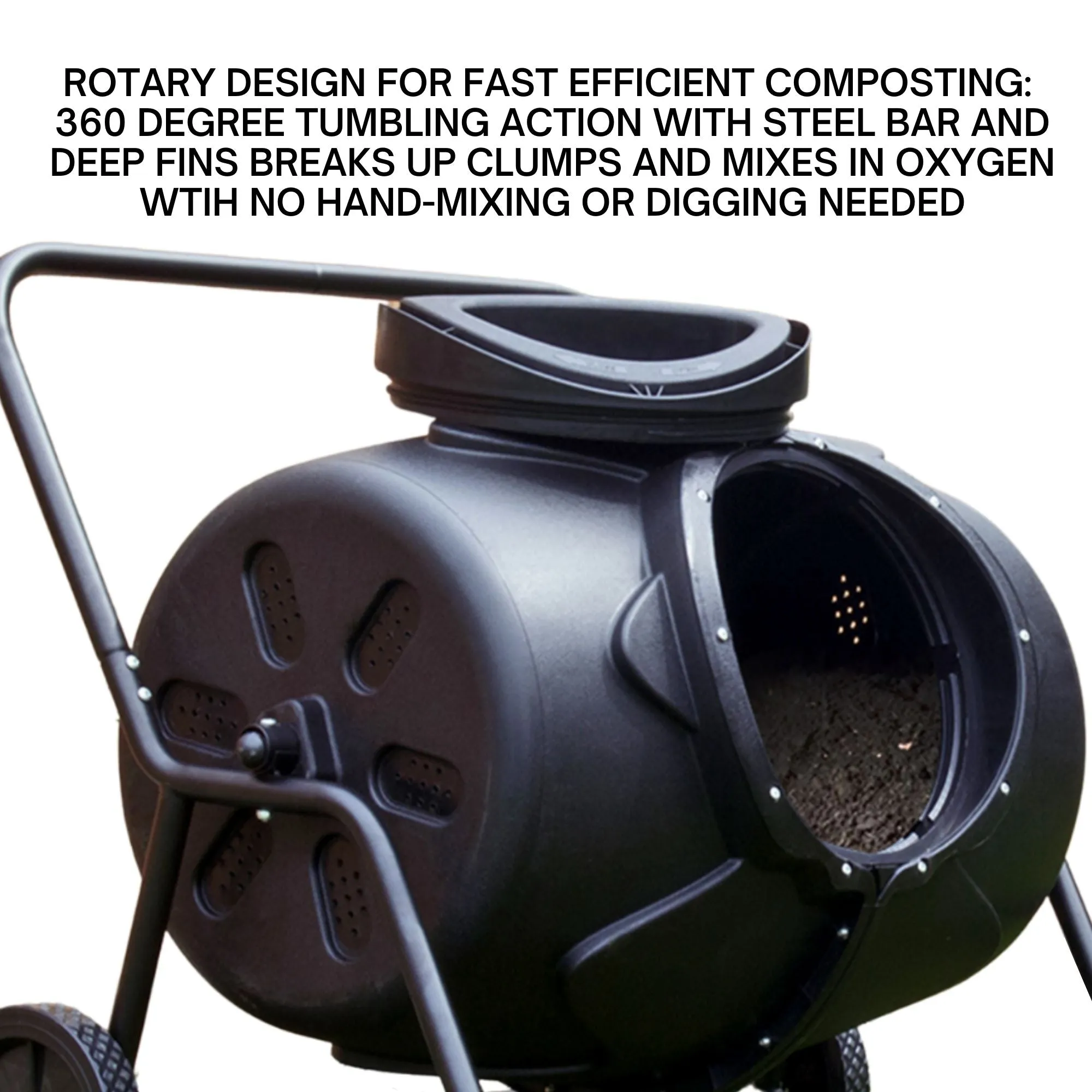 Koolscapes Wheeled Tumbling Composter 50 Gal (169L) Rotating Outdoor Compost Bin with Twist-Lock Lid, Recycled Plastic Tumbler with Steel Frame and Wheels for Backyard and Vegetable Garden