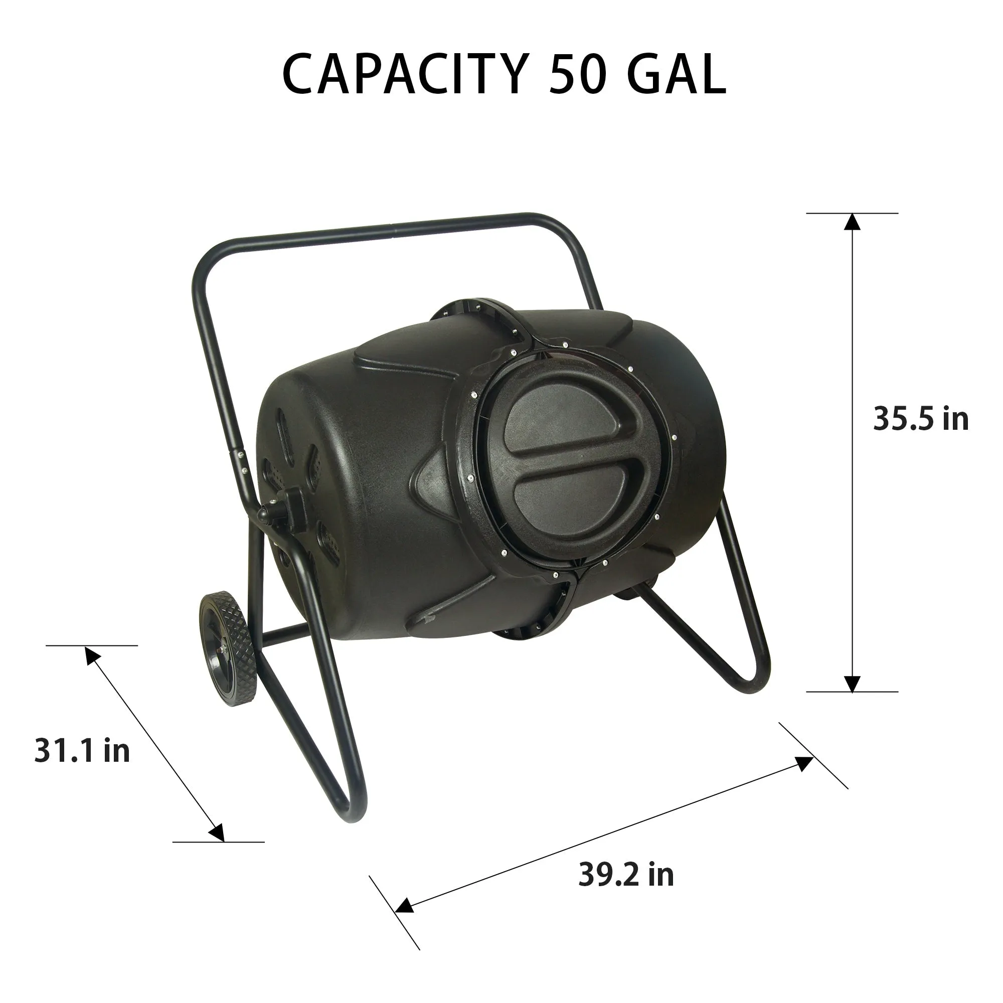 Koolscapes Wheeled Tumbling Composter 50 Gal (169L) Rotating Outdoor Compost Bin with Twist-Lock Lid, Recycled Plastic Tumbler with Steel Frame and Wheels for Backyard and Vegetable Garden