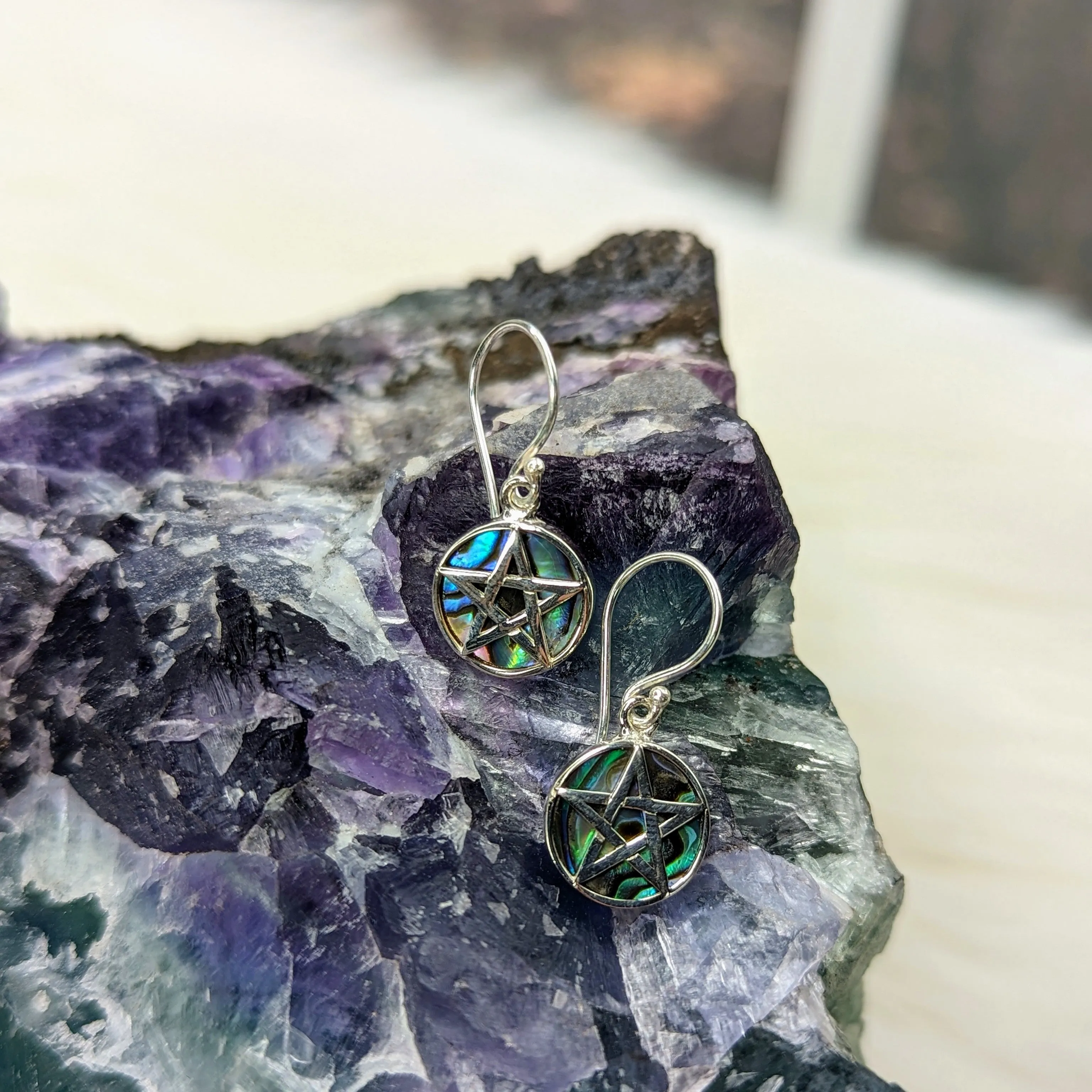 Natural Abalone Shell ~ Pentagram Design Sterling Silver Earrings