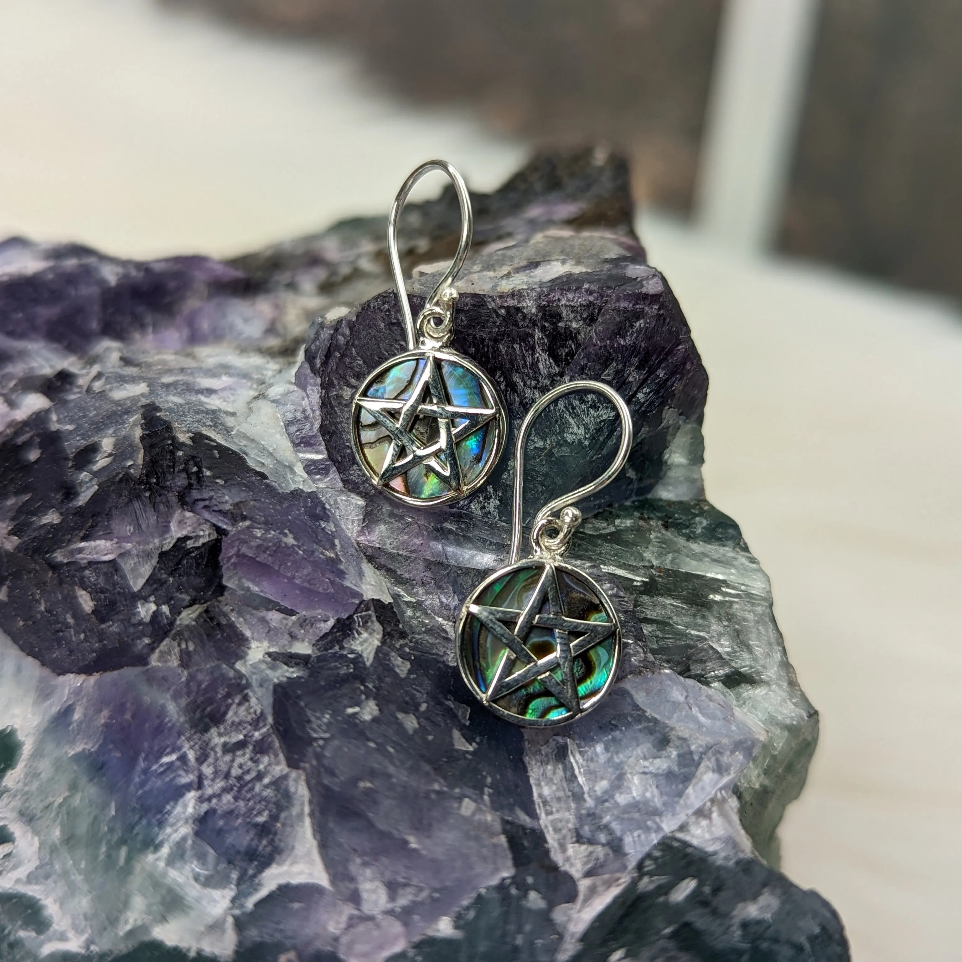 Natural Abalone Shell ~ Pentagram Design Sterling Silver Earrings