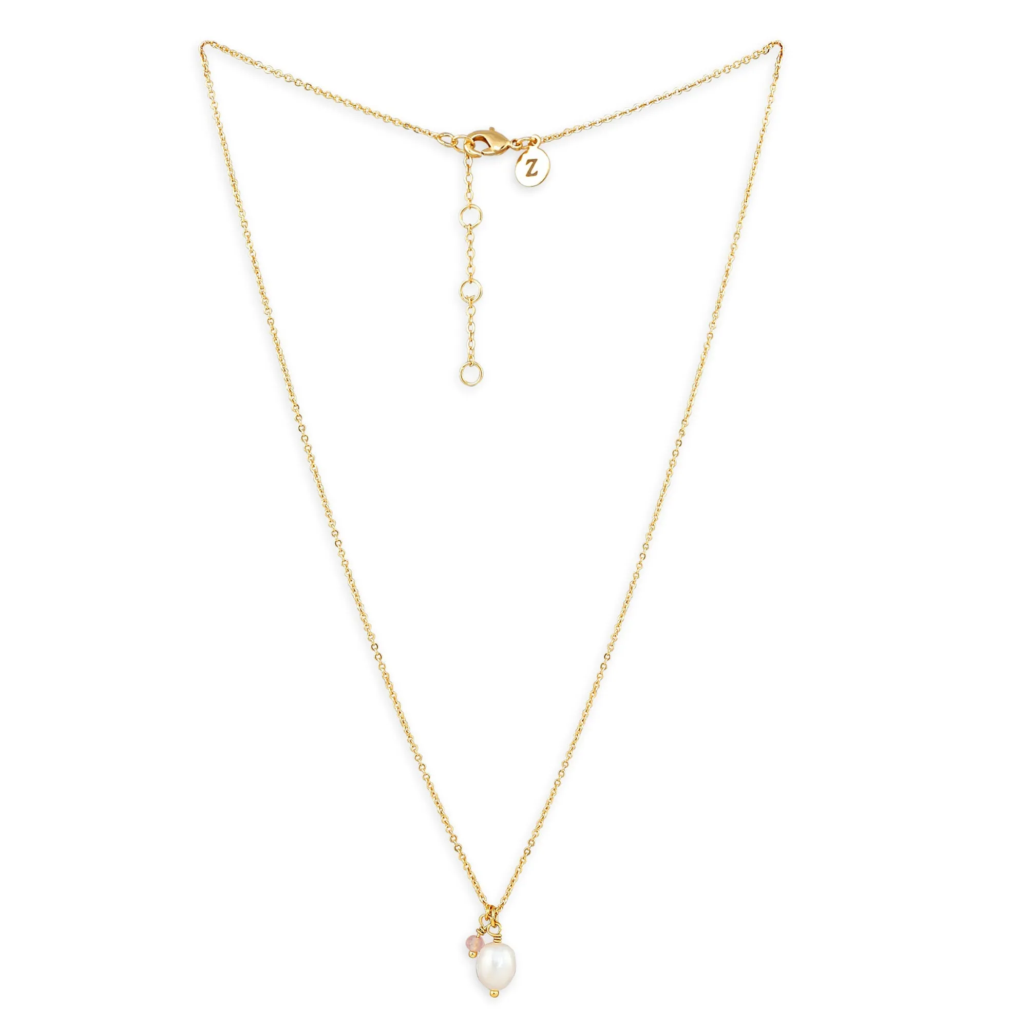 Real Gold Plated Pink Z 3 Pearl Rose Quartz Pendant Necklace-Healing Stone