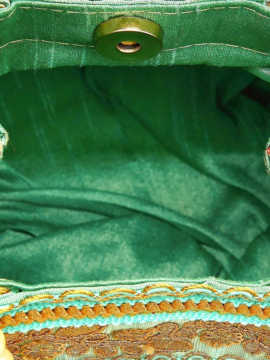 Rubans Women Green & Gold-Toned Embroidered Potli bag.