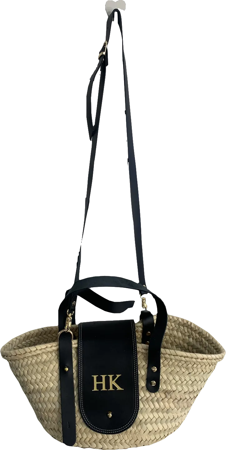 The Straw Basket Company Black St. Tropez Leather Flap Straw Basket Bag