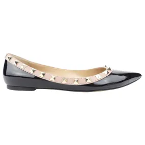 Valentino Garavani Black Patent and Blush Leather Rockstud Pointed Ballerina Flats - 36 EU